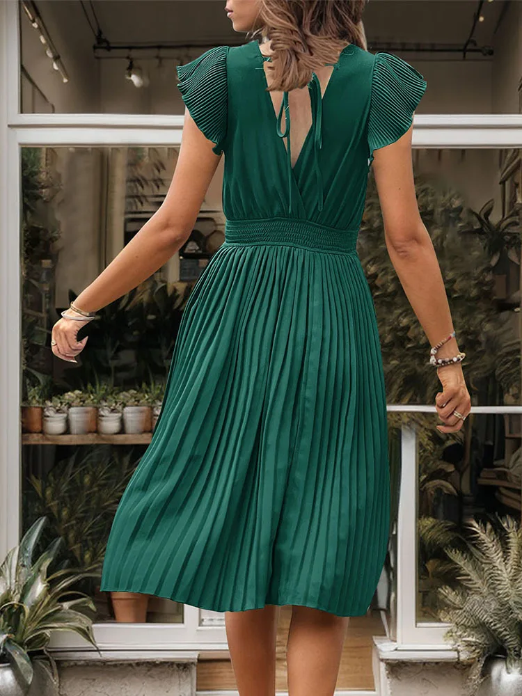 Summer New Minimalist Dress Temu New Women\'s V-neck Feifei Short Sleeved High Waisted Pleated Skirt Solid Color Mid Length Skirt