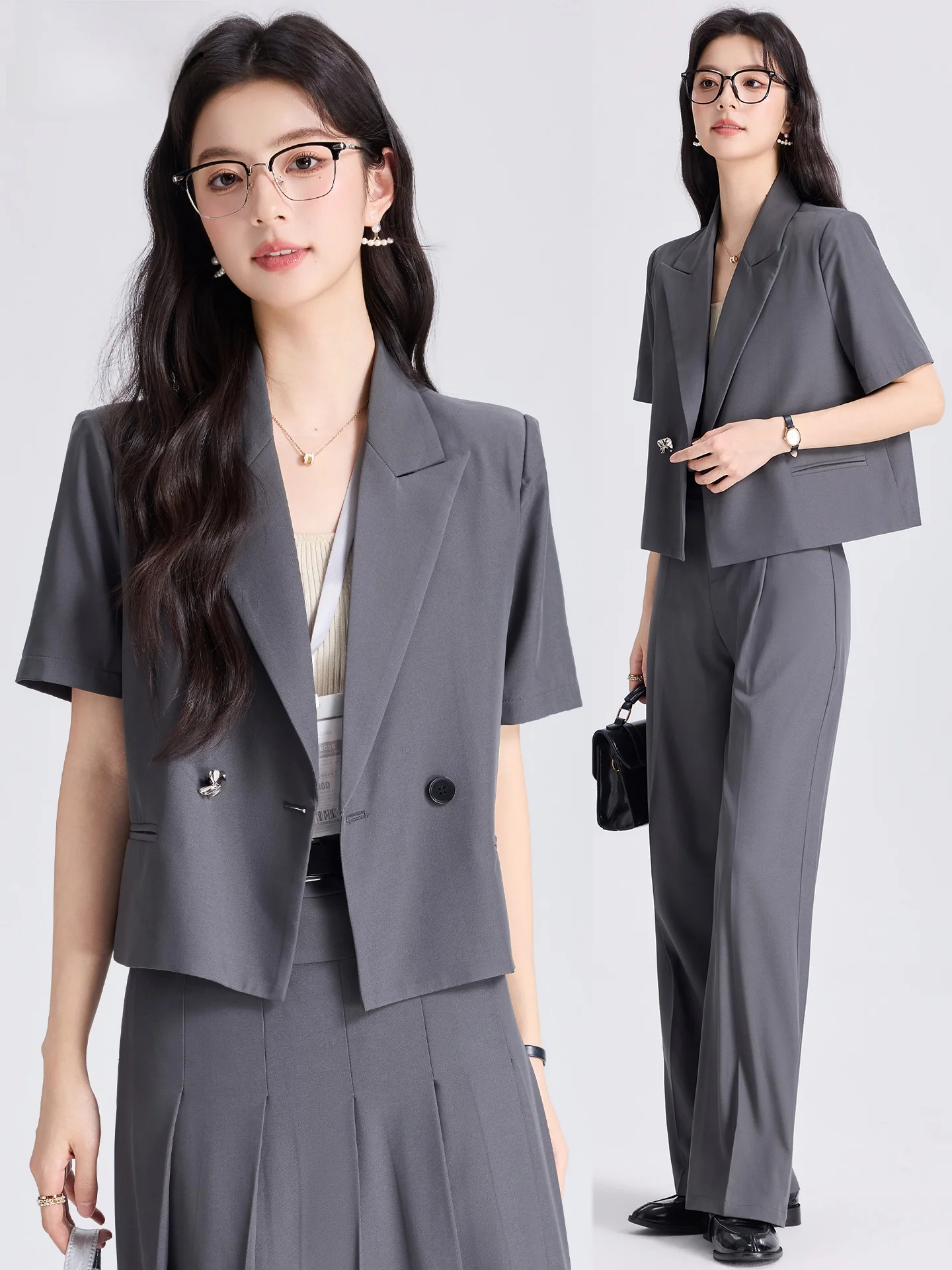 Gray Suit Set Women's Summer Thin Short Sleeve Professional Commuting Interview Formal Short Coat Jacket Compact Size
