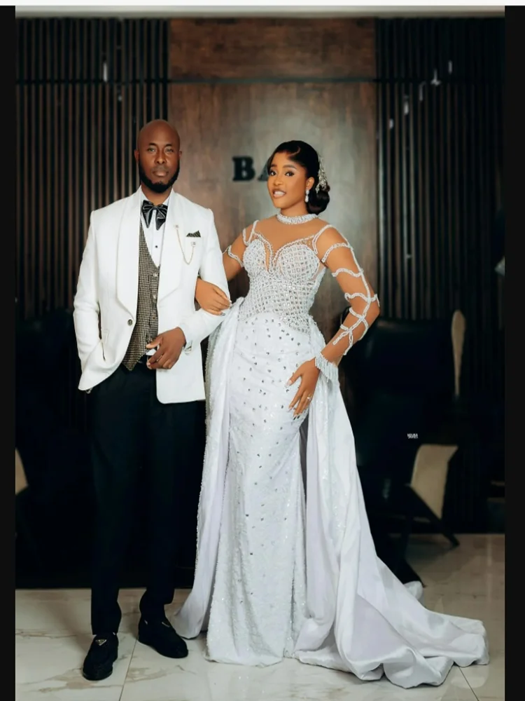 

Свадебное платье русалки с высоким воротником и блестящими кристаллами и бусинами по индивидуальному заказу со съемной юбкой, корсет с длинными рукавами, свадебные платья сзади