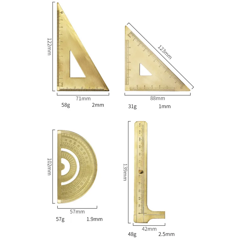 مجموعة صياغة نحاسية احترافية: مسطرة مثلثة، منقلة، منحنى فرنسي، فرجار حافة مستقيمة نحاسية، أدوات رسم عتيقة #4