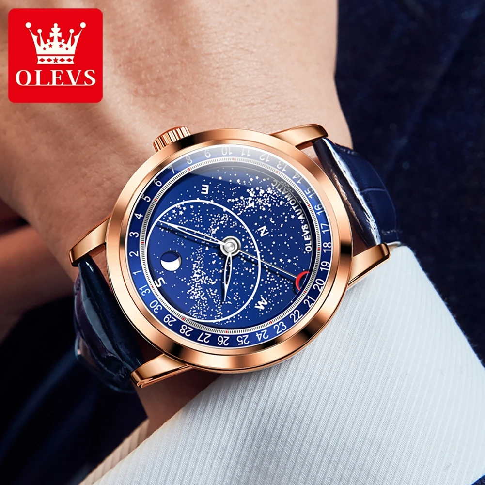 OLEVS 9923 Moon Phase Automatic Mechanical Watches for Man Fashion Leather Strap Waterproof Starry Sky Blue Luxury Men's Watches
