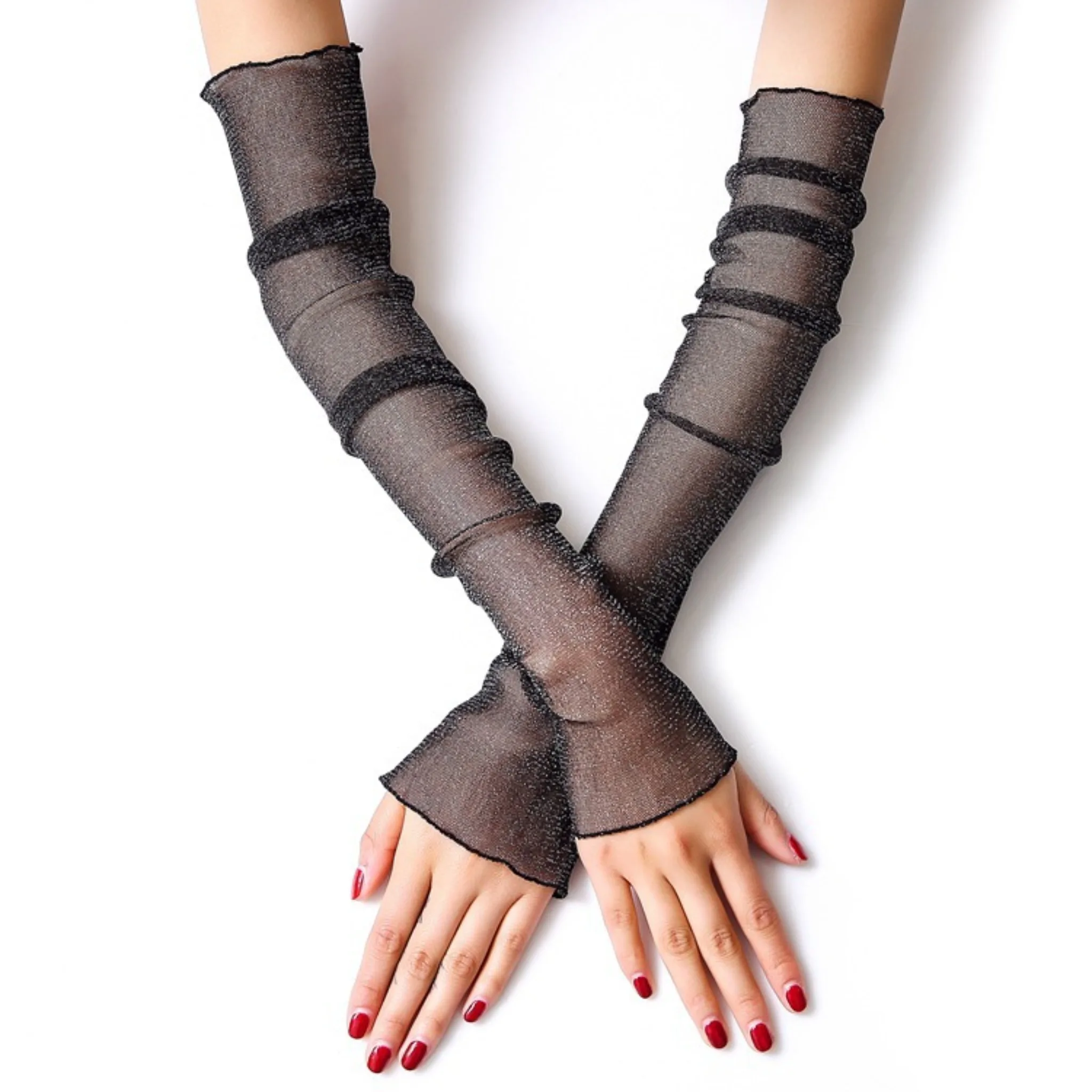 Shimmer Mesh Sheer Sun Protection Arm Sleeves, Thin Lace Ice Silk Cooling Covers, Breathable Anti-UV Long Sleeves for Driving, C