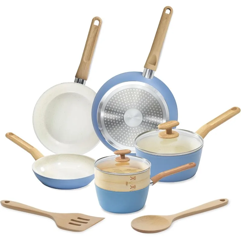

10-Piece Healthy Ceramic Titanium-Infused Cookware Set, Light Blue – Pots, Pans, Steamer, Spoon & Turner – Induction Co