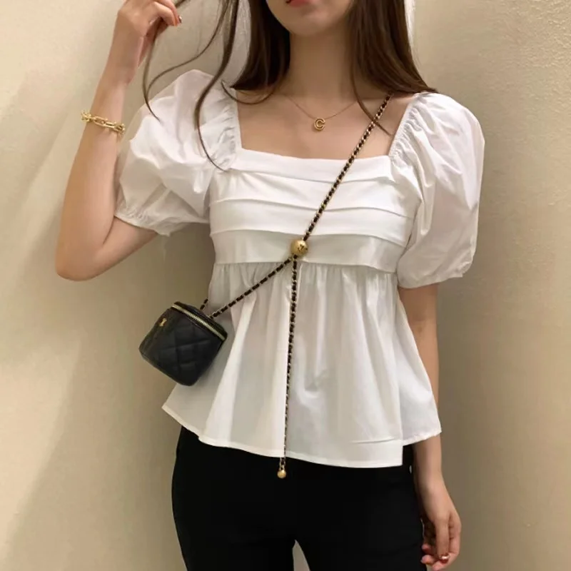 Fashion New Short Sleeve Women Blouses Square Neck Puff Sleeve Shirt Elegant Casual Short Tops Summer