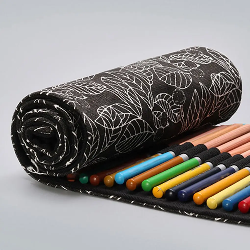 Preto e branco Folhas Impresso Padrão Roll Up Paint Brush Canvas Case, Sketching Desenho Pen Bag, Bolsa Wrap, 12-24 Buracos