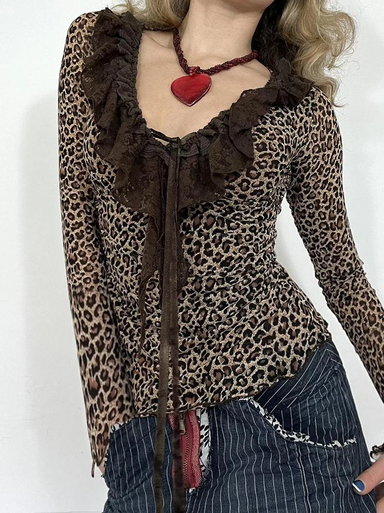 

Clinkly Leopard Print Lace Ruffled T-shirt Vintage Long Sleeve Tee Shirts Y2k Aesthetic Fairycore Crop Top Female Coqutte Cloth