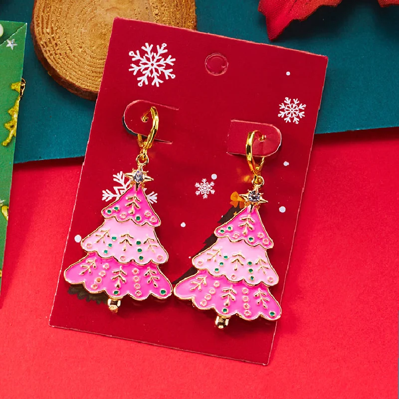 Shiny Zircon Pink Christmas Tree Star Long Tassel Dangle Earrings Stud Hoop for Women Crystal Snowflake Design Jewelry Gift