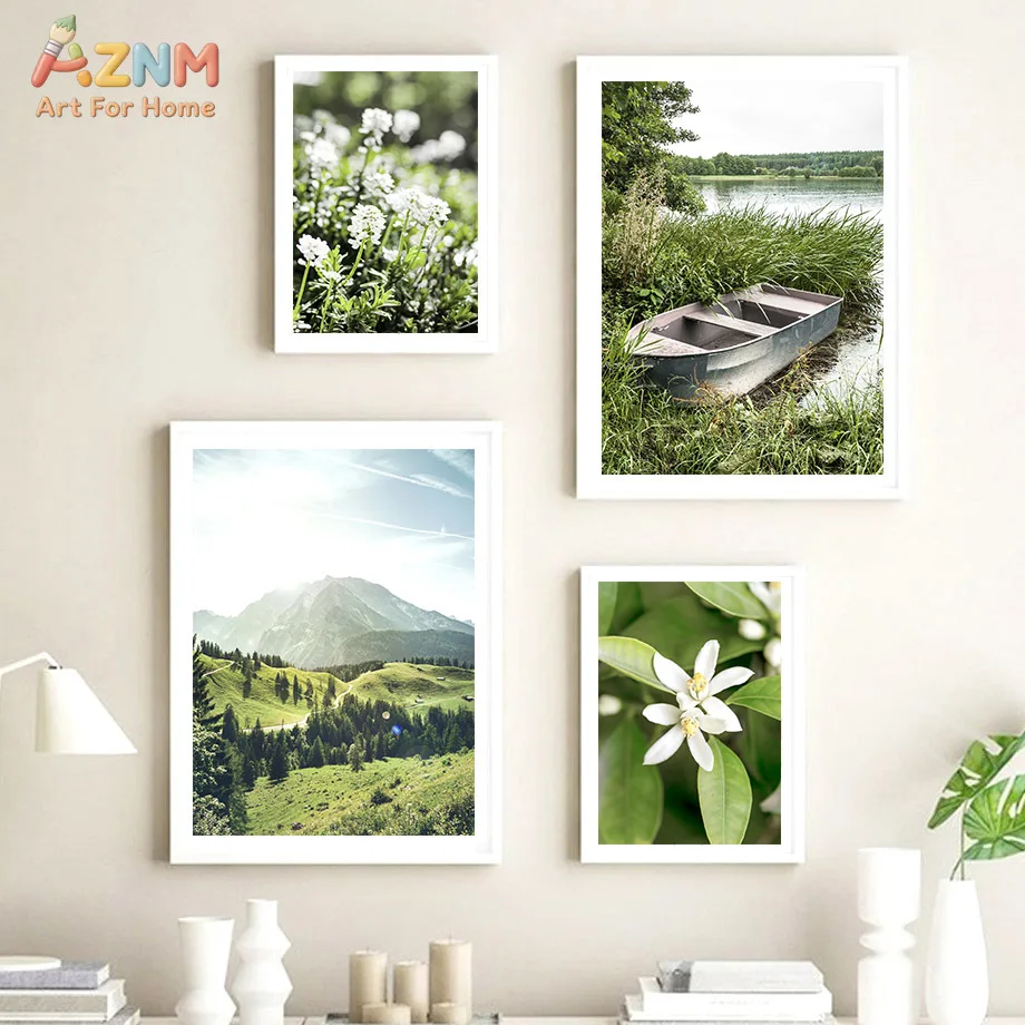 AZNM Natural Scenery Canvas Wall Art Forest Waterfall Mountain Lake Boat White Flower Green Plant Landscape Unframed Print For L