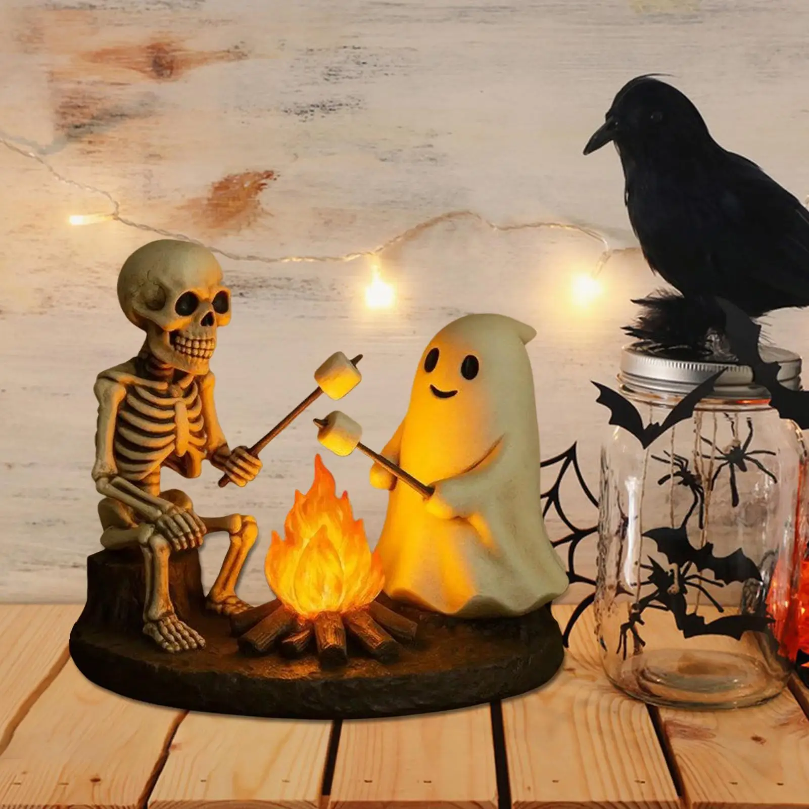 Halloween night light Skeleton and Ghost Bonfire Night Lamp Skeleton Ghost Campfire Flickering Night Light Indoor Figurine Lamp