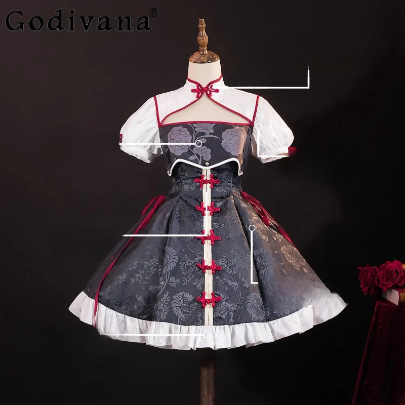 중국 스타일 코스프레 애니메이션 의상 정장 여성 머리 장식 액세서리 드레스 세트 여성 짧은 소매 캐주얼 드레스