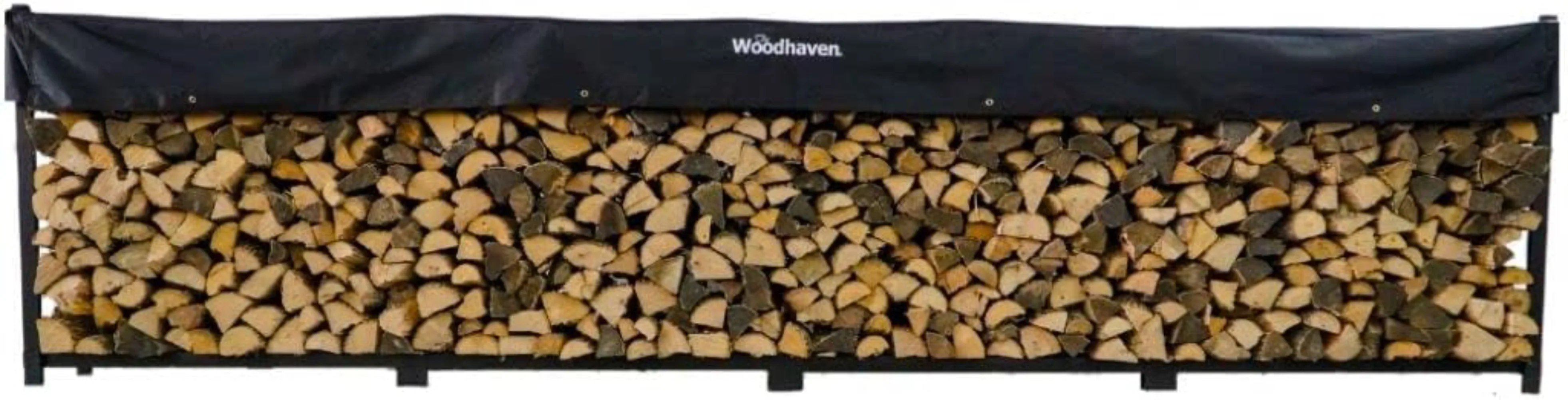 

Woodhaven 16 Foot Black Large Outdoor Firewood Rack With Seasoning Cover - 1 Cord Fire Log Holder - Powder Coated Steel Firewood