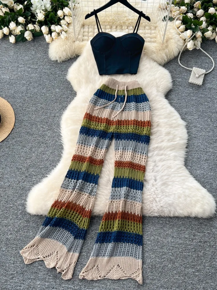 Women Sexy Sleeveless Short Strap Tops Vintage Colorful Striped Hollow Out Knitted Long Flare Pants Boho Beach Two Piece Suits