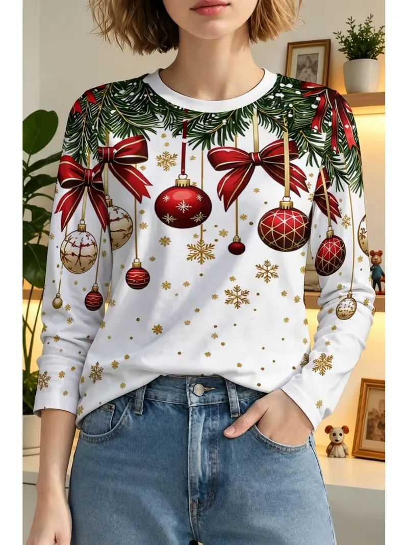 Autumn Women Christmas Long Sleeve Shirt Santa Claus Snowflake Checkered All Over Print Crewneck Casual Holiday Xmas Tops Blouse