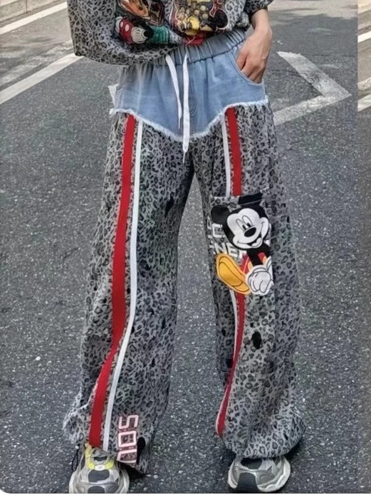 European Leopard Print Patchwork Jeans for Women 2025 New Style Personality Patchwork Elastic Waist Cartoon Long Pants