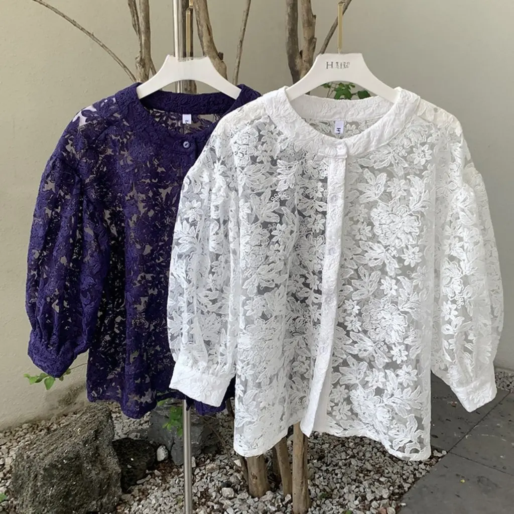

Korean-Style Japanese-Style Small Cardigan Embroidered Flower Lace All-Match Lantern Sleeve Jacket Women's Fashion Top