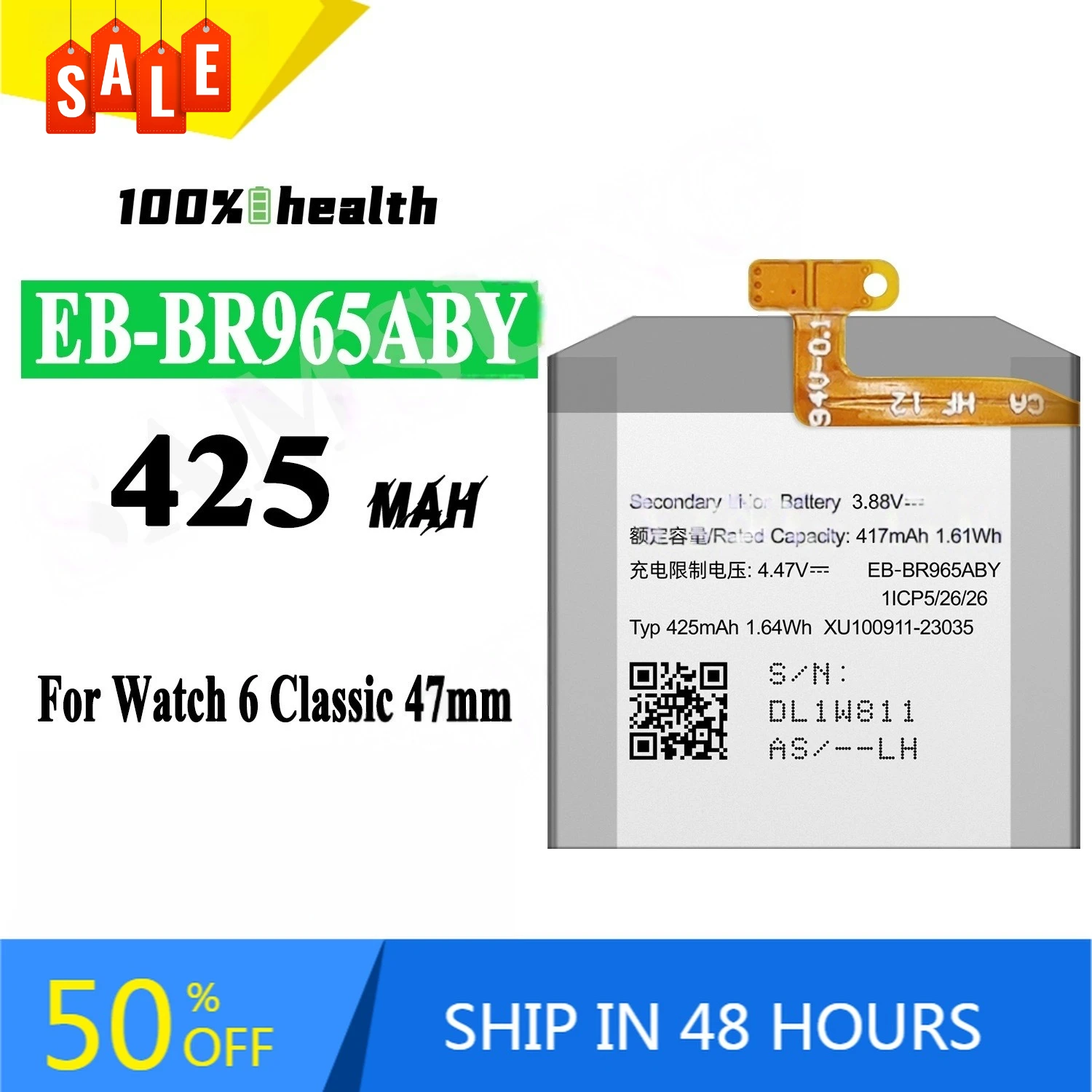 

EB-BR965ABY 425mAh Watch Battery for Samsung Watch 6 Classic 47mm R965 Rechargeable Battery
