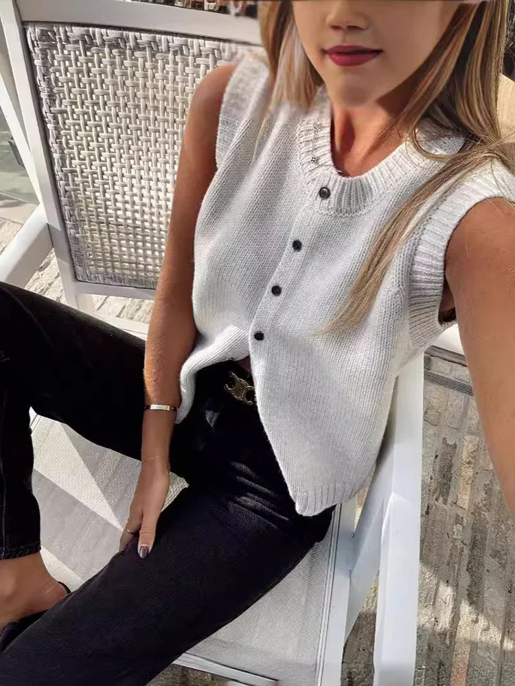 Strick westen Top für Frauen lässig einreihige Strickjacke Strickjacke Tank Pullover weibliche solide ärmellose 2024 Mode