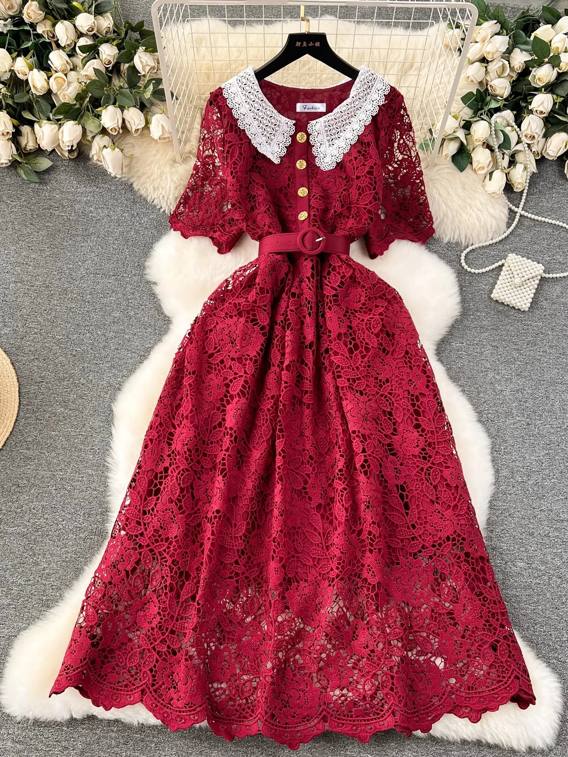 Summer Women Sweet Red/Pink/White Lace Party Dress Elegant Peter Pan Collar Single Breasted Short Sleeve Midi Vestidos Robe New