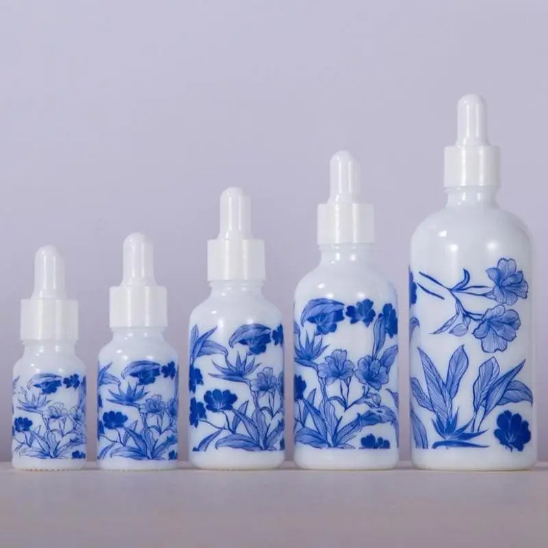 Blue White Floral Print Glass Essential Oil Dropper Bottles With Leak Proof Lids Perfect For Aromatherapy Storing Skincare