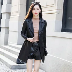 2024  Spring and Autumn New Fashion Slim Fit Women's Versatile Leather Coat Mid length Suit Collar Cotton Sheepskin Windbreaker