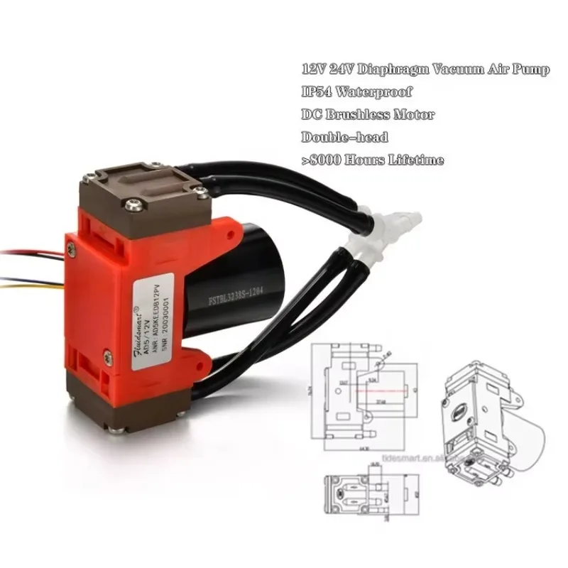 Equipment Double Suction DC Micro Bubble Air Pump 24V Brushless Diaphragm Pump for Machining 7.2L/min Flow Rate -68KPa