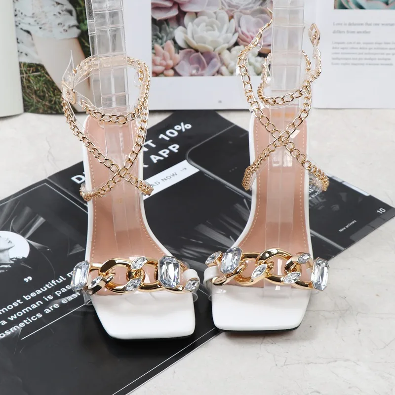 Summer Women 10.5cm Stiletto High Heels Sandals Sparkly Rhinestone Metal Chain Crystal Heels Sandles Sexy Fetish Party Shoes