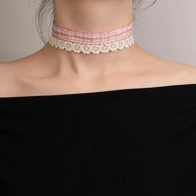 Retro Fashion Color Plaid Lace Trim Choker Necklace Sweet Style Adjustable Collar Chain Short Gothic Neck Piece for Women Girls