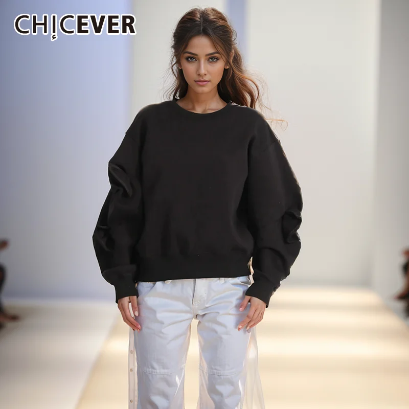 

CHICEVER Solid Patchwork Bowknot Loose Sweatshirts For Women Round Neck Long Sleeve Casual Pullover Sweatshirt Female Clothing