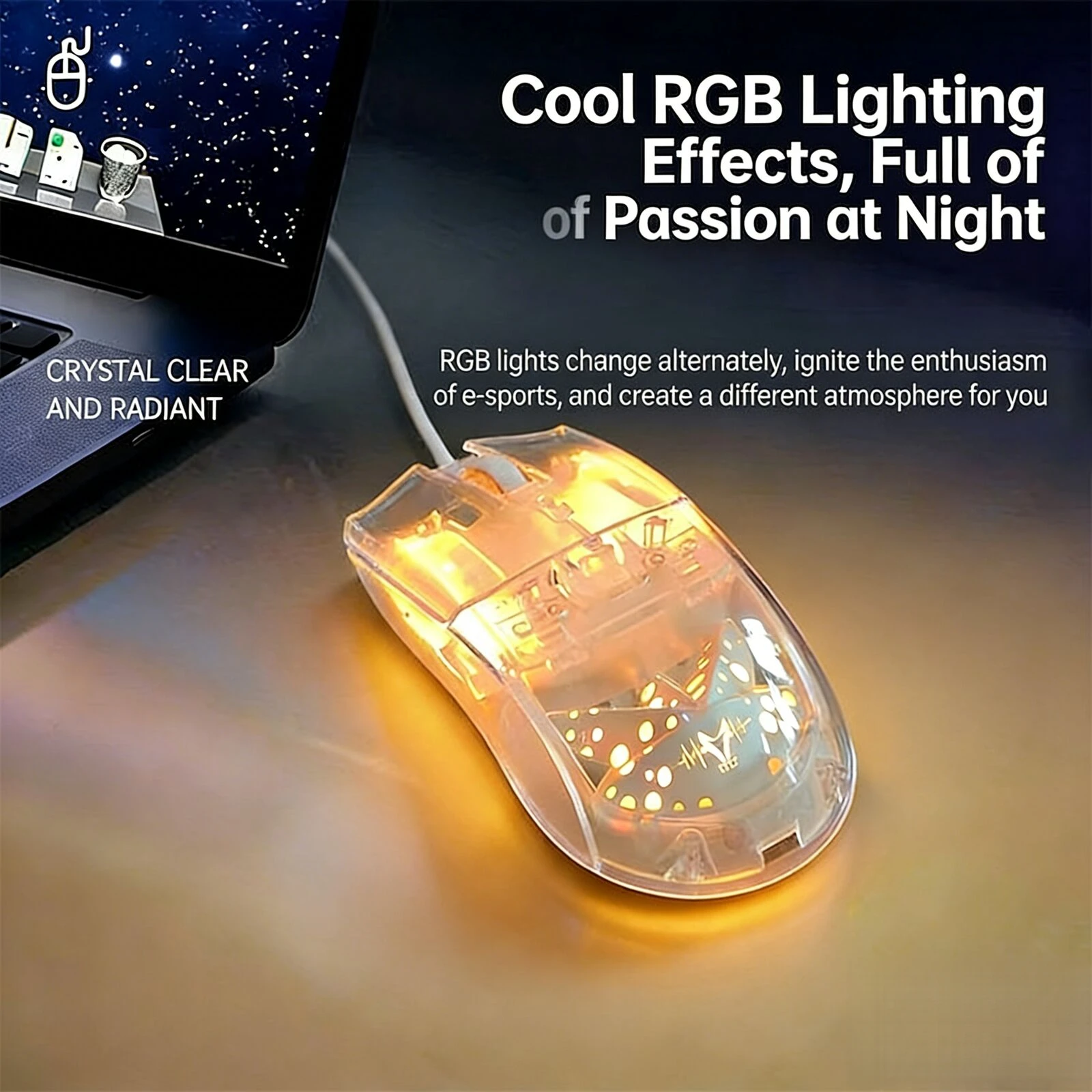 Fashion Transparent Wired Mouse Dynamic RGB Backlight Ergonomic Silent Click Plug-and-Play Optical Mice for PC Laptop Computer