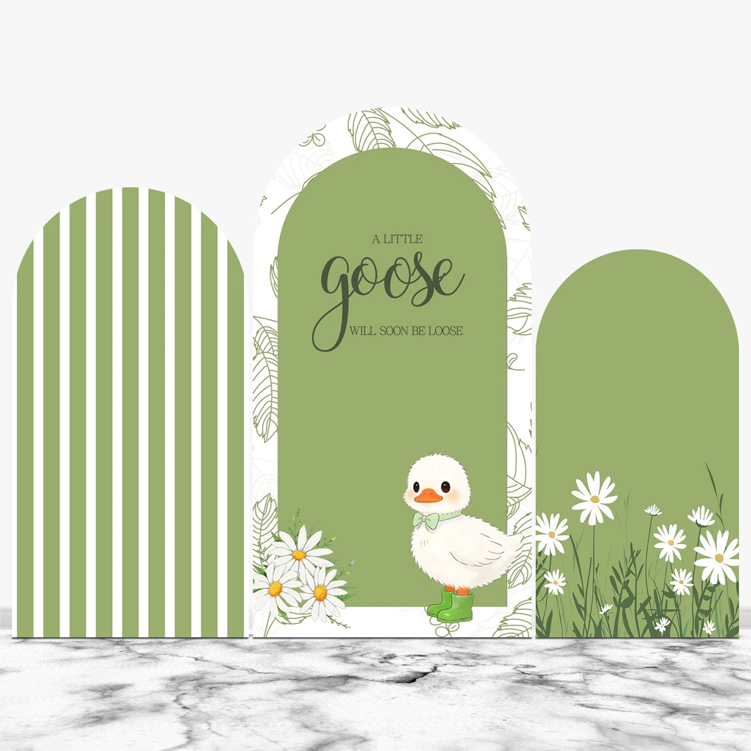 Cute Goose Arch Cover Background for Girls Boys Birthday Party Baby Shower Fresh Green White Flowers Arched Photography Backdrop