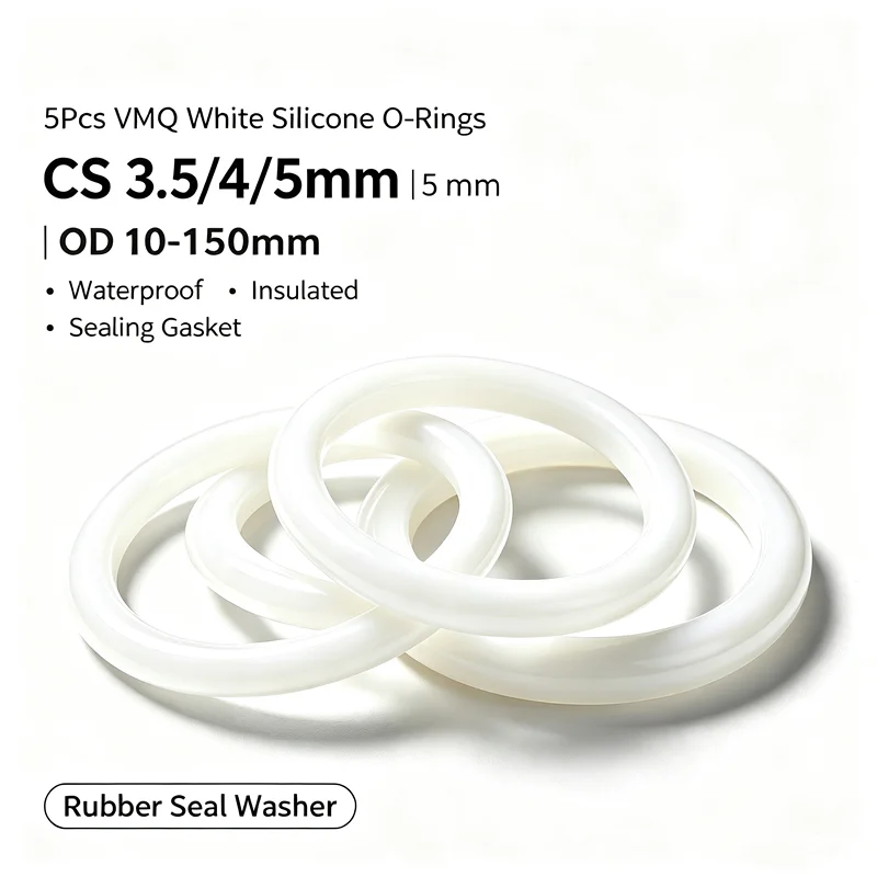 5Pcs White VMQ Silicone O-Rings Waterproof Sealing Gasket CS 3.5/4/5mm OD 10-150mm Insulated Durable Rubber Seal Ring Washer