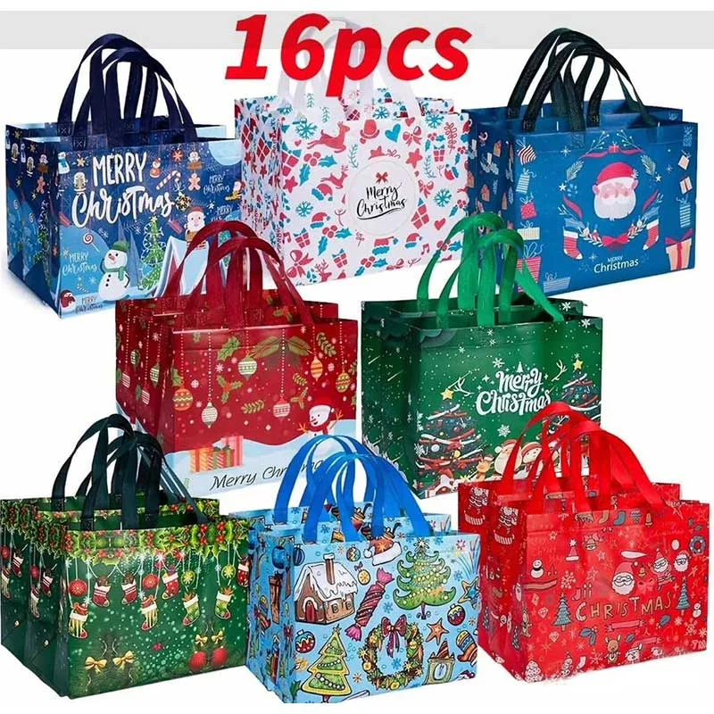 

Christmas Cartoon 16PCS Non Woven Gift Bags 2024 Christmas Eve Shopping Gift Bags Reusable Christmas Tote Bags With Handles