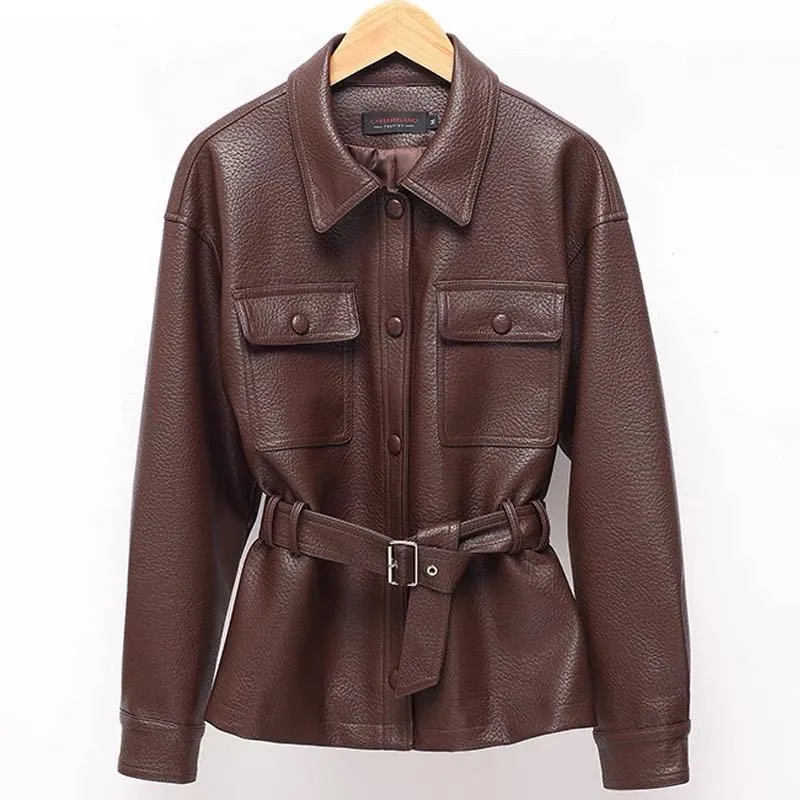 

Women's Turn down Collar Single Breasted Double Pocket Belted Waist Faux Leather Jacket Slimming Comfort All match Commute Coat