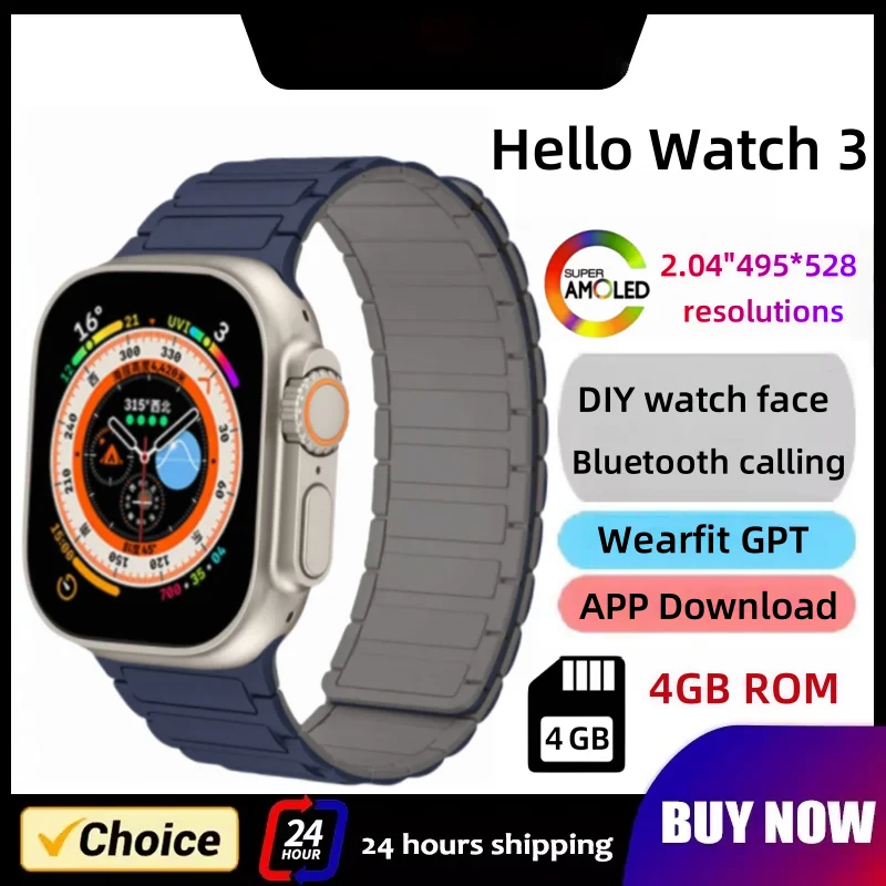 

2025 Hello Watch 3 Plus Ultra Upgrade SmartWatch Оригинальные 49 мм AMOLED 4G ROM NFC GPT Компас Фотоальбом Местная Музыка Мужские Часы