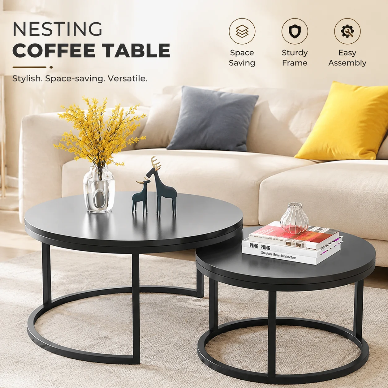 2 In 1 Living Room Coffee Tables Marble Texture Wooden Combination Furniture Round Durable Light Luxury Iron Art Tea Tables