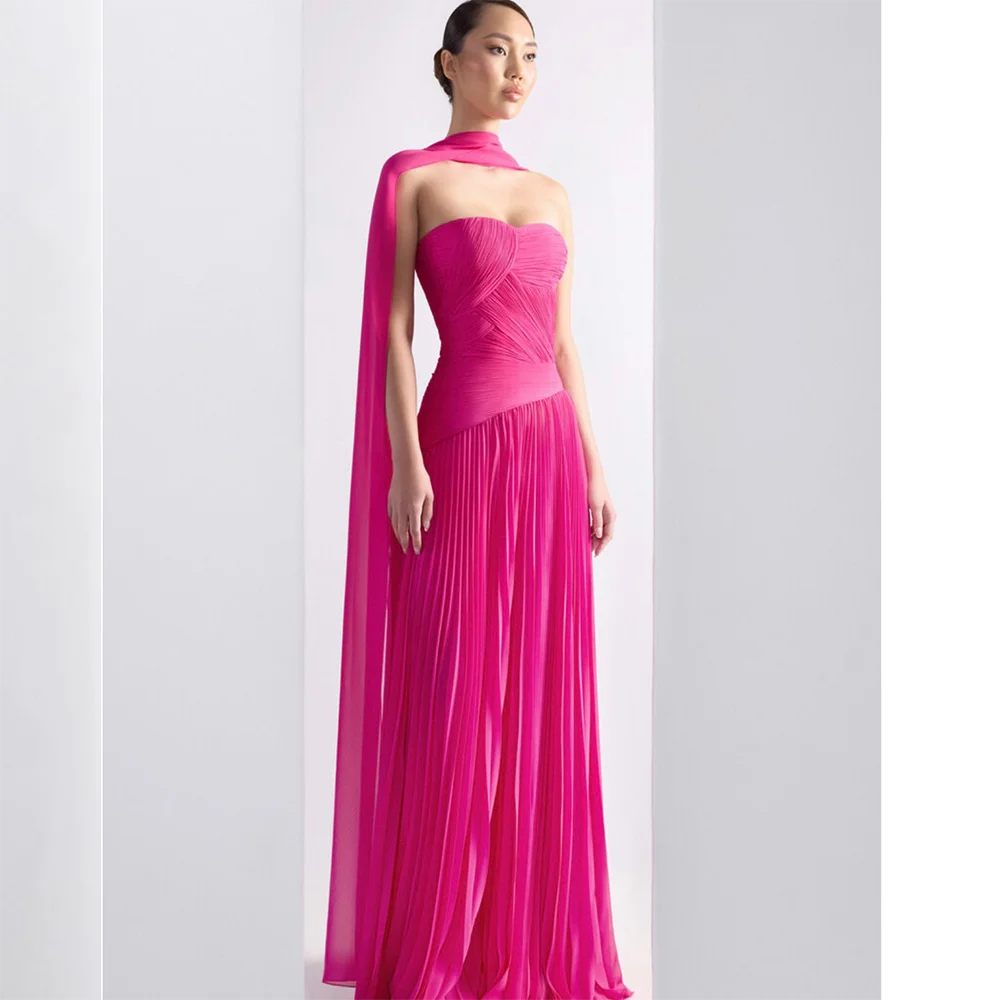 

Modern Evening Dress Customized Strapless Pleated Chiffon A Line Floor Length Evening Gowns with Scarf Long Formal Party Dress