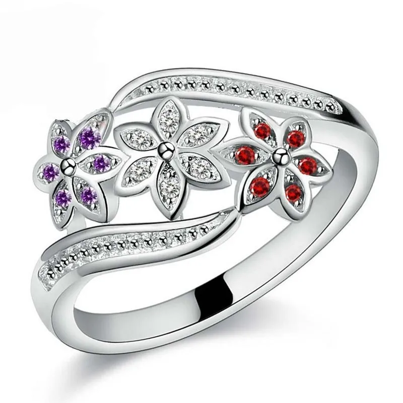 

Newest Design Three Color CZ Flower Ring for Women Girls Fashion 925 Sterling Silver Ring Wedding Lady Jewelry Size 7 8 9