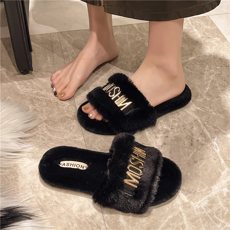 Plus Size 35-42 Plush Slippers Women Autumn and Winter New Fashion Metal Flat Cotton Slippers Non Slip Warm Zapatillas Planas