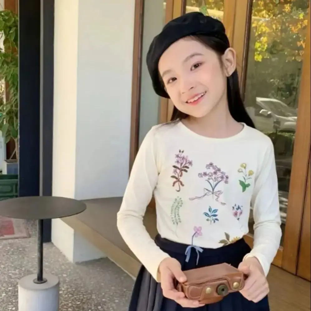 baby girl clothes kids tops Flower pattern printed long sleeved T-shirt Pure cotton comfortable minimalist T-shirt