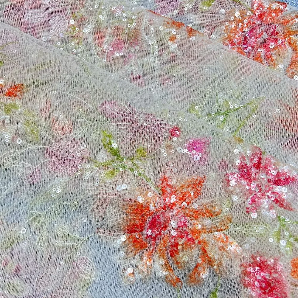 90-130CM New flower positioning, printed sequin fabric, women's dress, mesh embroidery, lace bead fabric