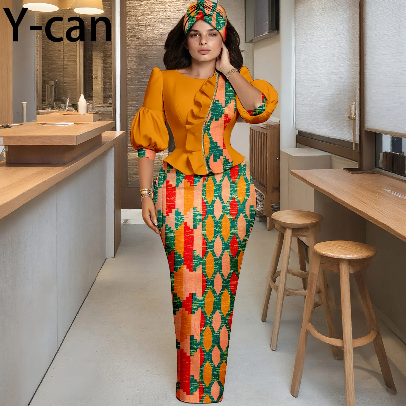 

African Women Skirt Set Fashion Lantern Sleeve Ruffled Top and Slim Skirt Vestidos with Headwrap Dashiki Wedding Dress 2526066