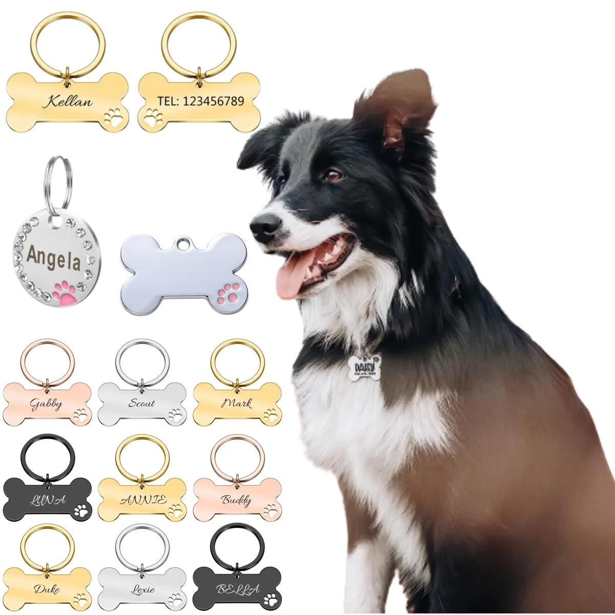 Etiquetas de identificación de hueso de espejo brillante personalizadas para mascotas, grabado de nombre, gatito, cachorro, Collar antipérdida,