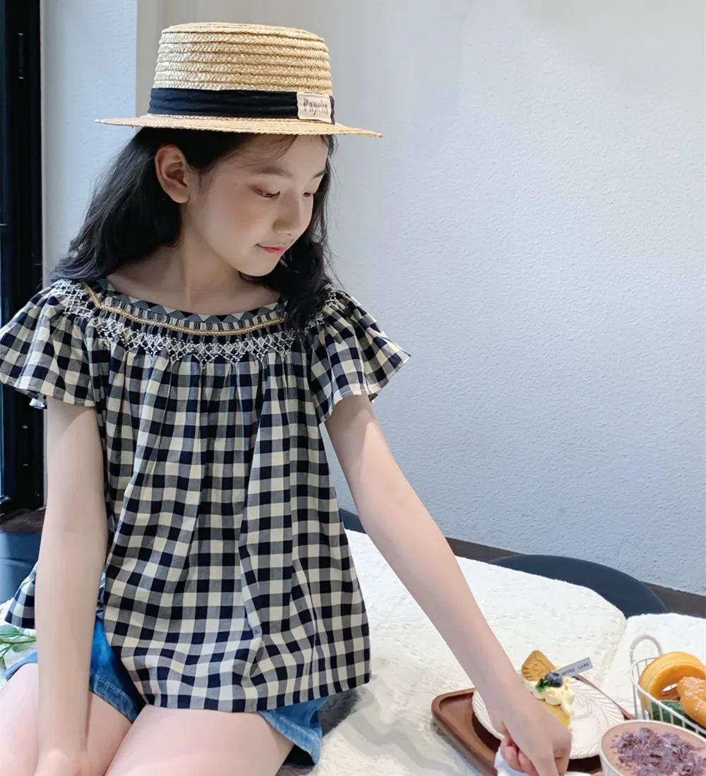 baby tops kids girl clothes hand embroidery Classic checkered pattern flying sleeve top French one shoulder T-shirt