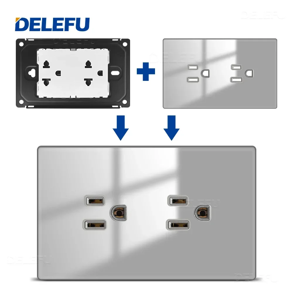 DELEFU Tempered Glass Connected Panel American Thai Standard Socket 124*76mm USB Type C Wall Socket Grey