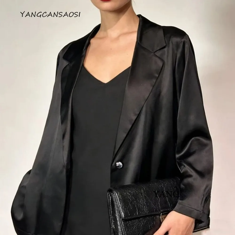 Women's Clothing Heavy 26MM 100% Natural Mulberry Silk Satin Black Commuting Fashionable One Button Office Long Sleeved Suit