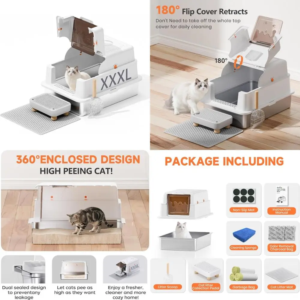 

Очень большой закрытый металлический ящик для кошачьего туалета с крышкой, 28-дюймовым лотком, лопаткой для мусора и педалью фильтра для контроля запаха