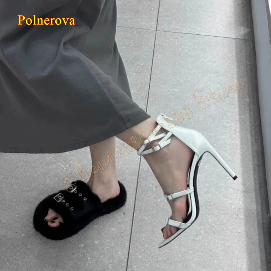 Pointed Toe Stiletto Sandals Thin Strap Leather Buckle Zipper Women Shoes Wedding Party HIgh Heels 2024 New Zapatos Para Mujere