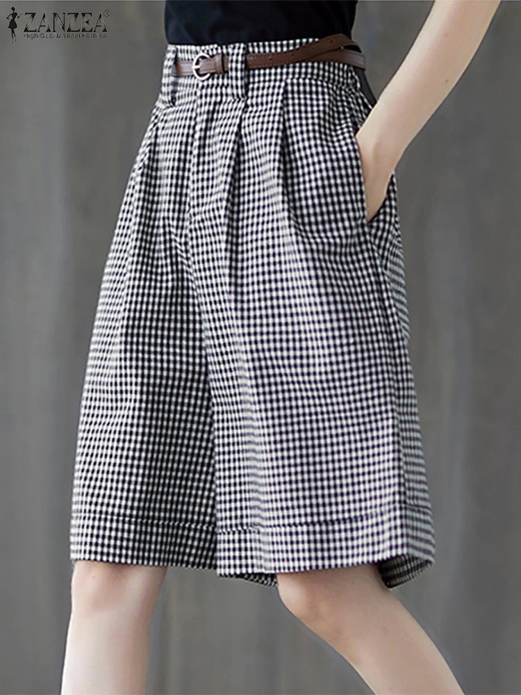 ZANZEA Woman Casual High Waist Gingham Shorts 2025 Summer Loose Checked Wide-Leg Shorts Day Wear Commuting Knee-Length Pants