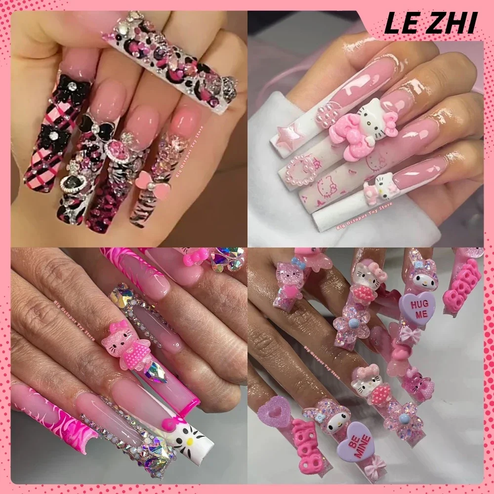 High-End Customizable Xxl Long Square Coffin Fake Nail Art Hello Kitty Mymelody Y2K Spice Girl Diamond Handmade Party Sticker