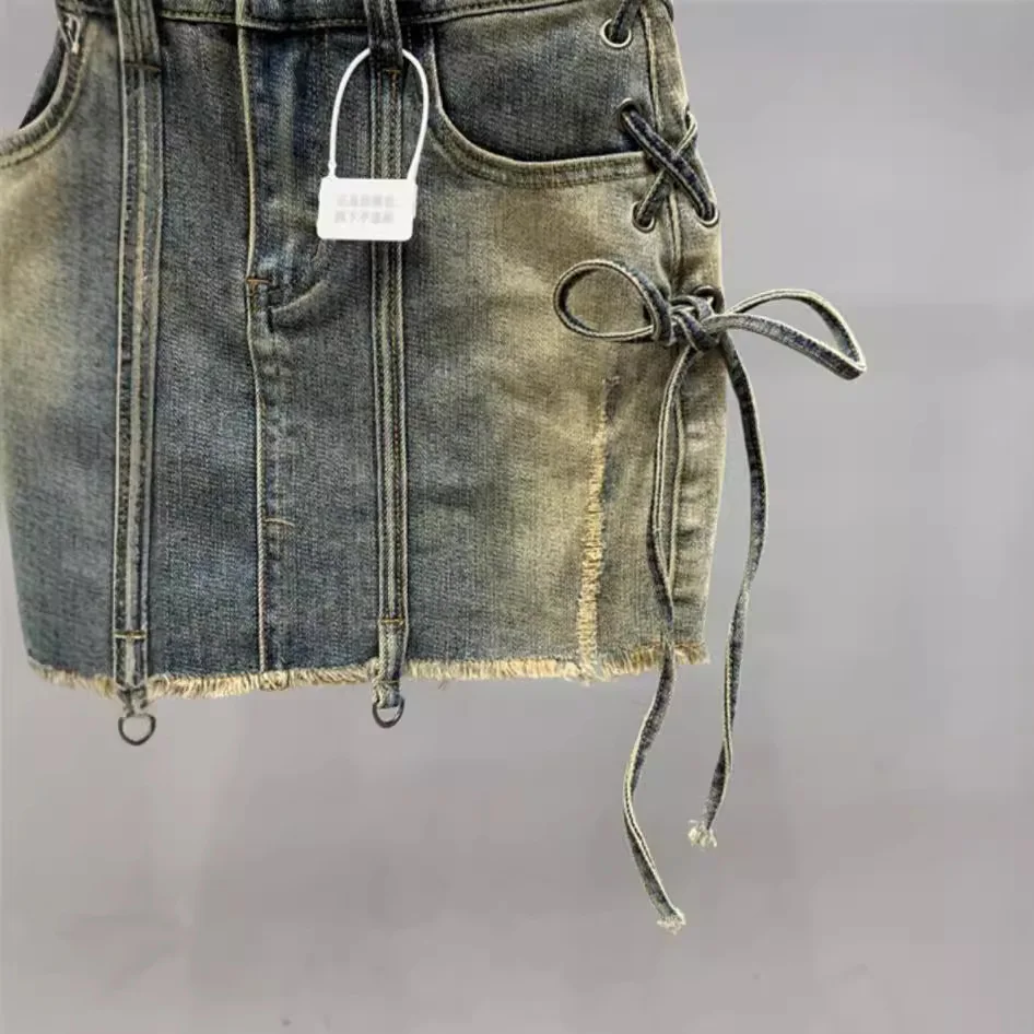 [Zoci] Kleurkleurverloop Met Gebroken Gat Meisje Denim Kort Vrouwenbandontwerp, Niche Met Hoge Taille A-Lijn Heup Knuffelende Rok